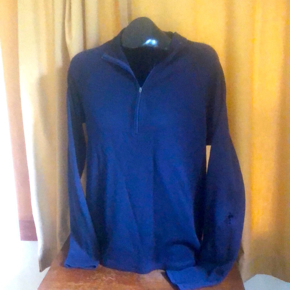 $285 Ibex Navy 100% Merino Wool 1/4 Zip pullover Sweater men’s size Large damage